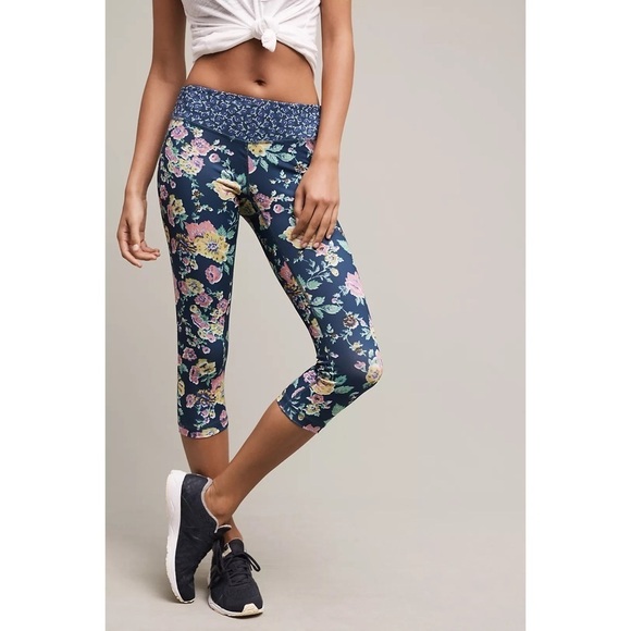 Anthropologie Pure + Good Multicolor Pressed Flowers Floral Crop Leggings EUC M - Picture 1 of 7